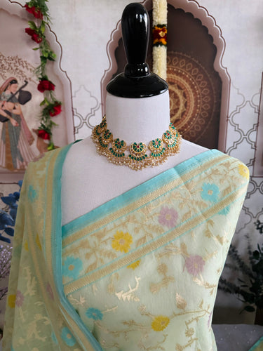 Organza & Cotton Patola Saree from Banaras | Light Pistachio Green | Gold Zari | Handwoven | Ships from California